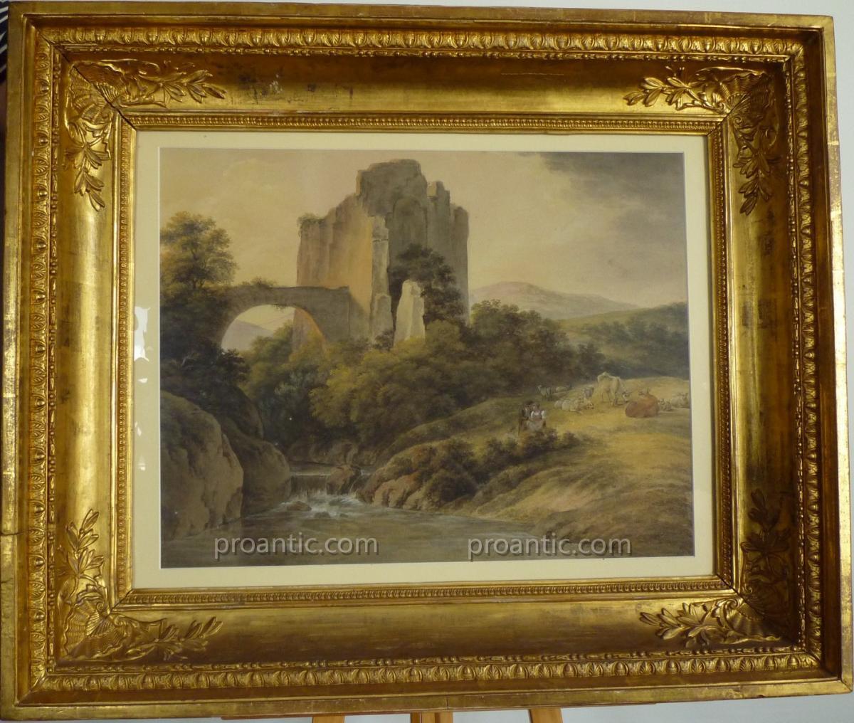 Paysage, ruines et troupeau aquarelle début XIXème, de Saint-Petersbourg, tableau